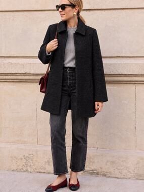 Fleurette Black Textured Wool Blend A-Line Swing Coat Hidden Button Made USA Y2K